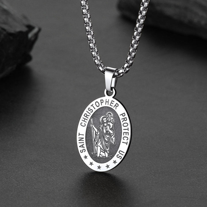 Oval Christian Saint Christopher Protection Medal Necklace For Men