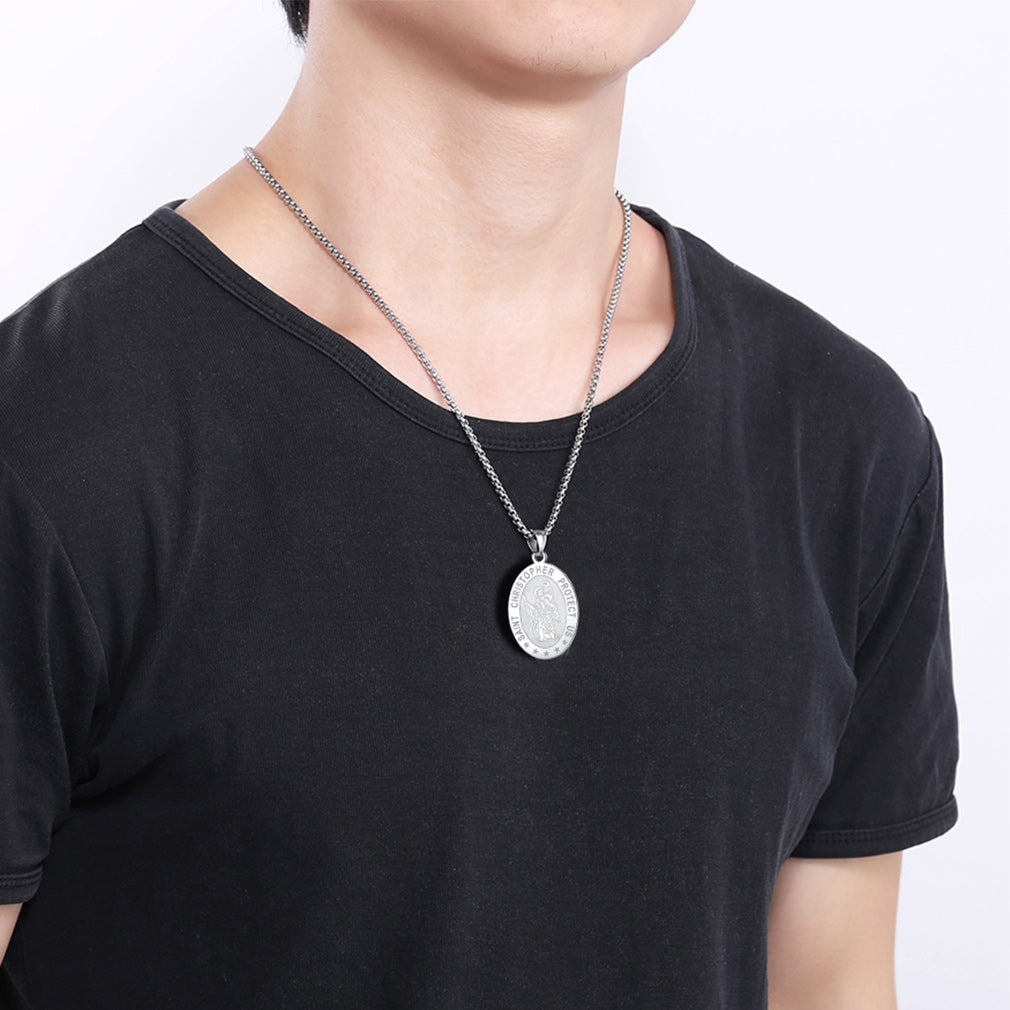 Oval Christian Saint Christopher Protection Medal Necklace For Men