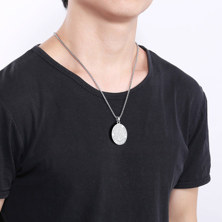 Oval Christian Saint Christopher Protection Medal Necklace For Men