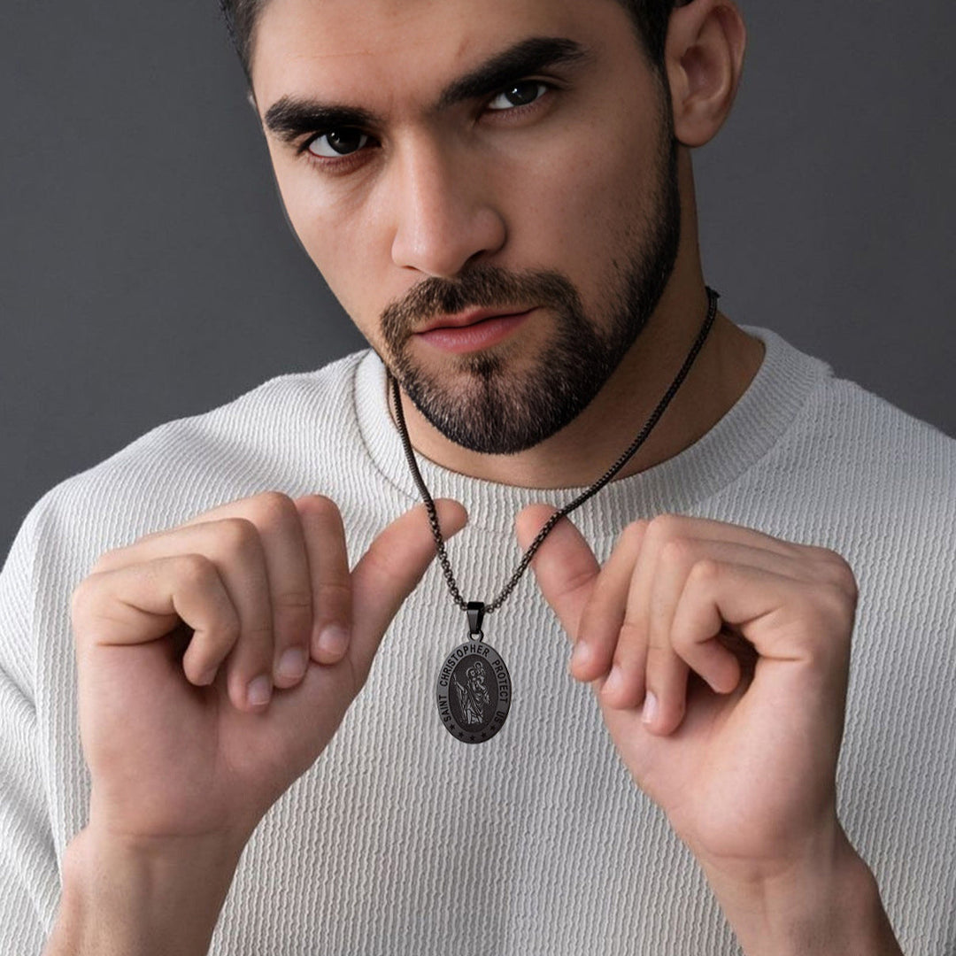 Oval Christian Saint Christopher Protection Medal Necklace For Men