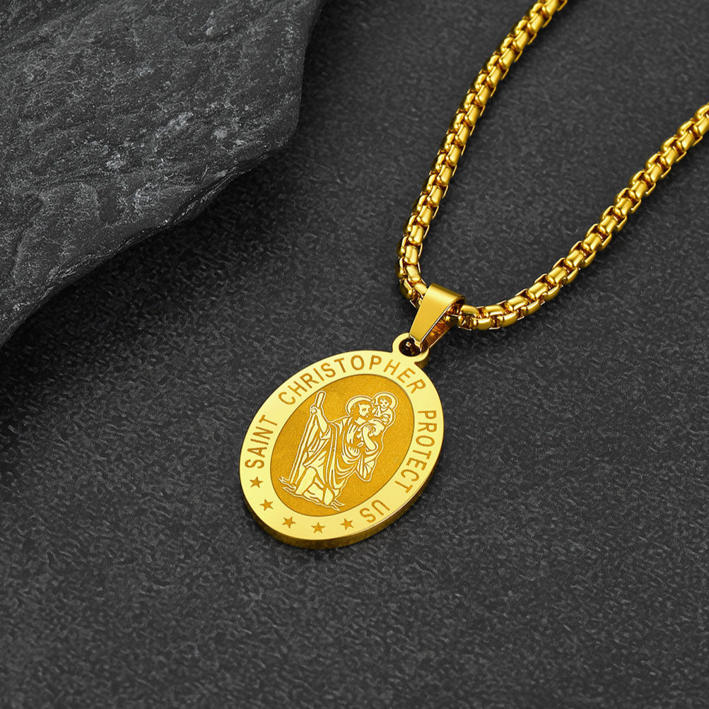 Oval Christian Saint Christopher Protection Medal Necklace For Men