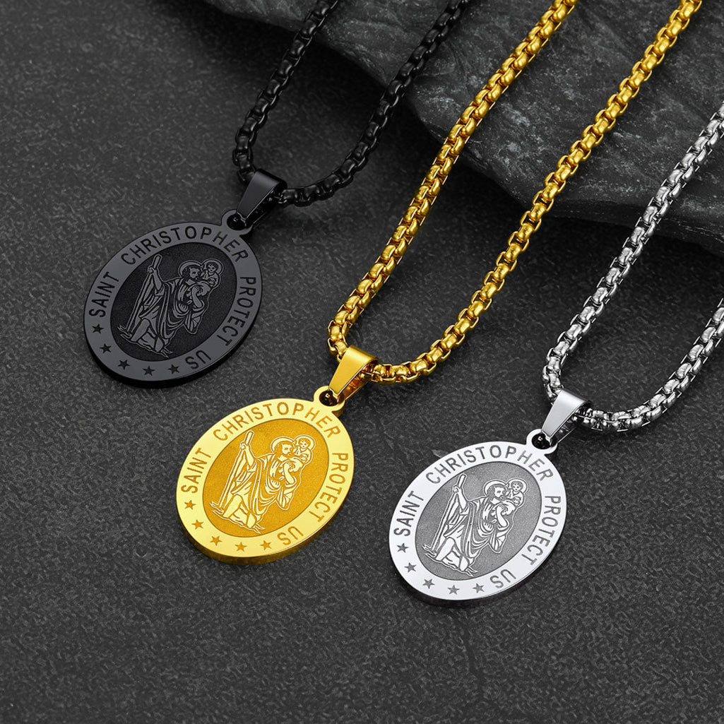 Oval Christian Saint Christopher Protection Medal Necklace For Men