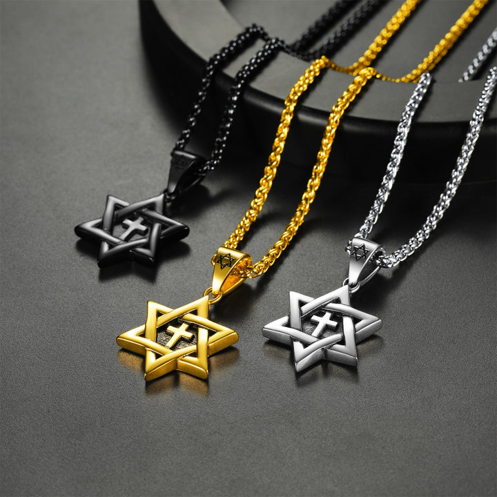 Curb Chain & Star of David With Cross Layered Necklaces Set for Men