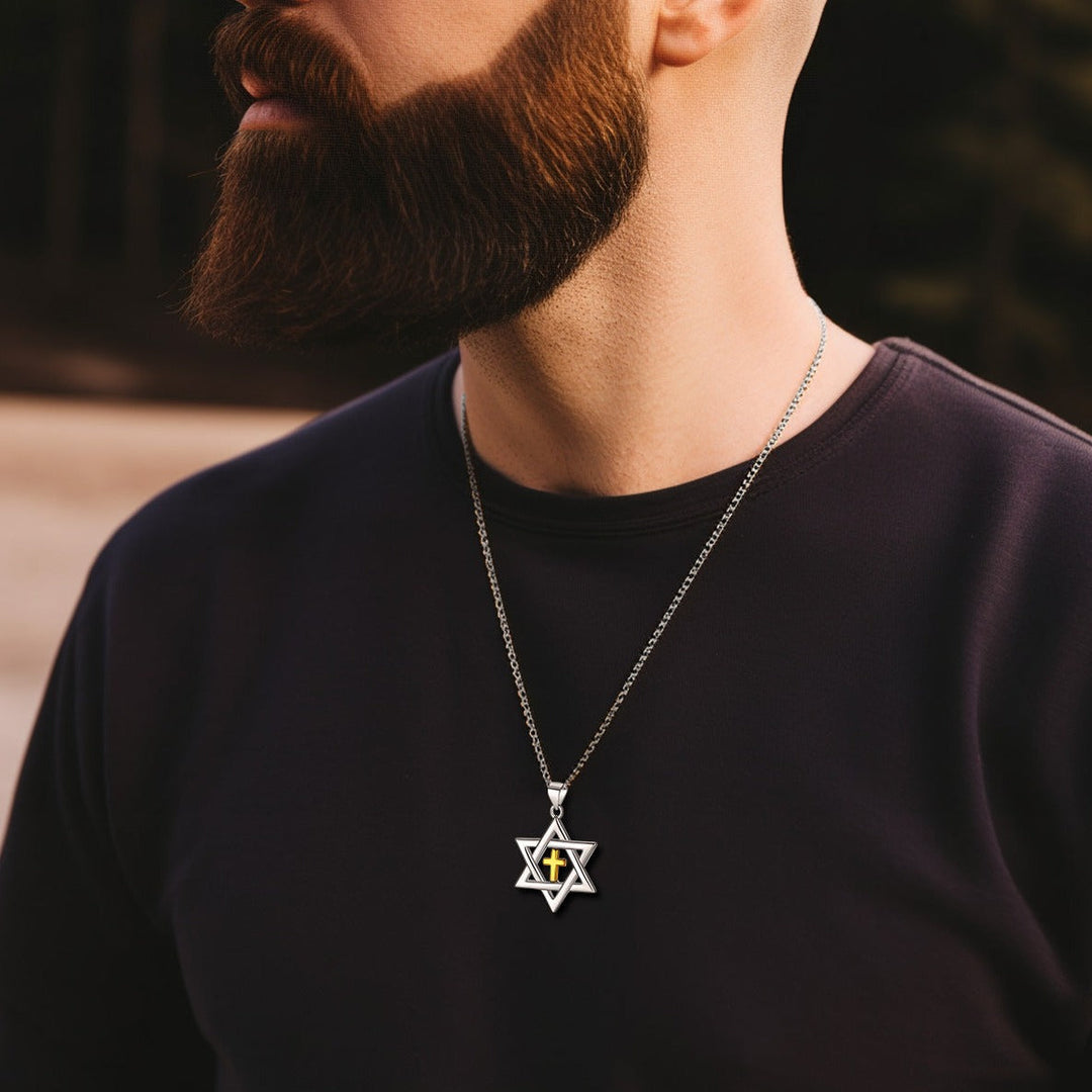 Sterling Silver Cross Star of David Necklace for Men Women