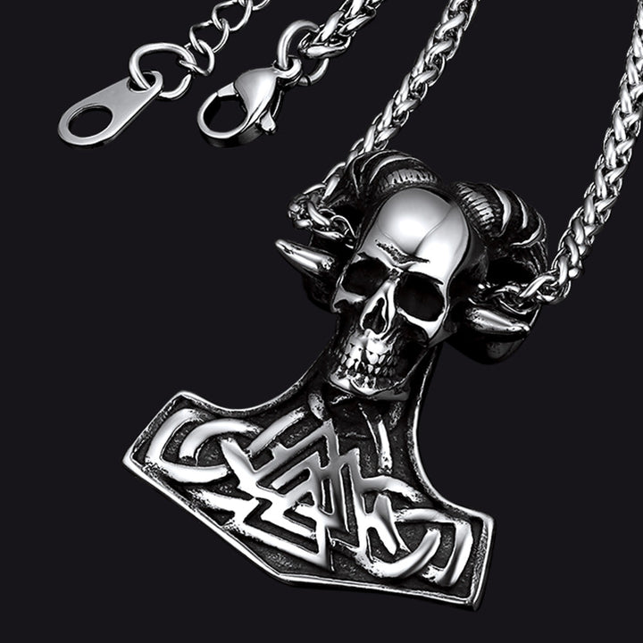 Viking Mjolnir Thor's Hammer Skull Necklace Pendant for Men