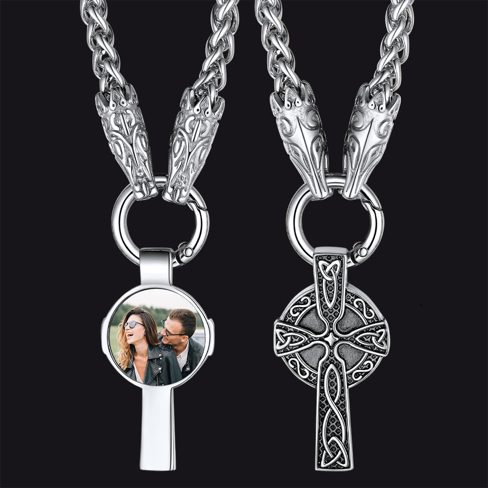 Personalized Celtic Cross Picture Necklace with Wolf King Chain