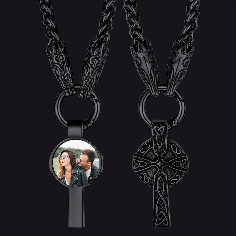 Personalized Celtic Cross Picture Necklace with Wolf King Chain