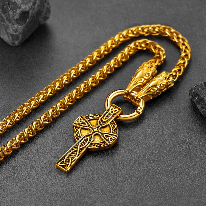 Personalized Celtic Cross Picture Necklace with Wolf King Chain