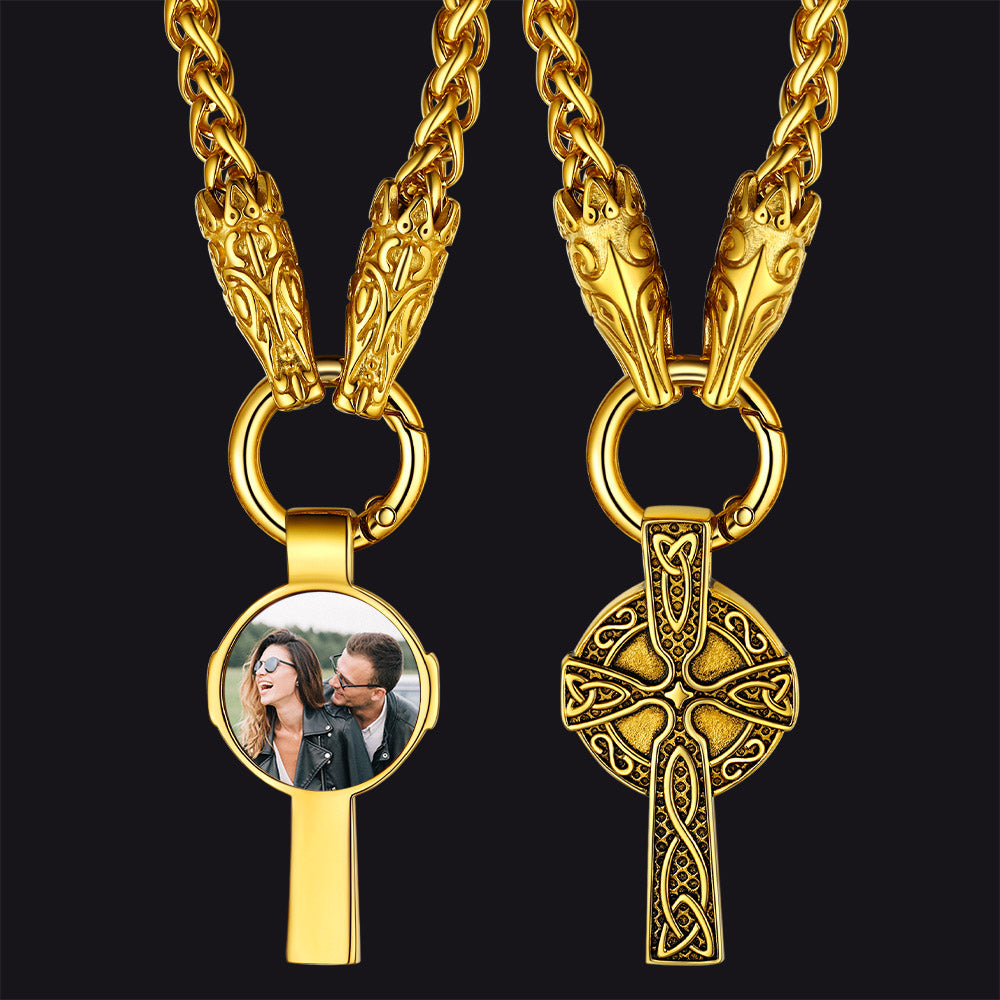 Personalized Celtic Cross Picture Necklace with Wolf King Chain