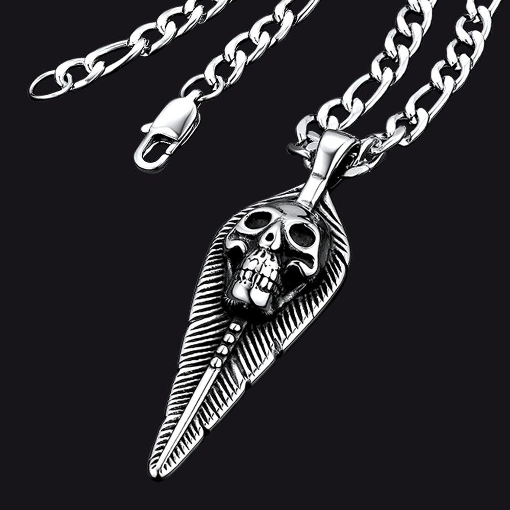 Punk Leaves Skull Pendant Necklace For Men