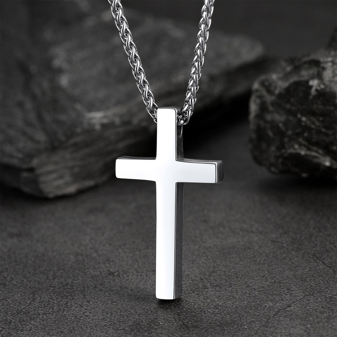 Flat Box Chain & Engraved Cross Layered Necklaces Set for Men