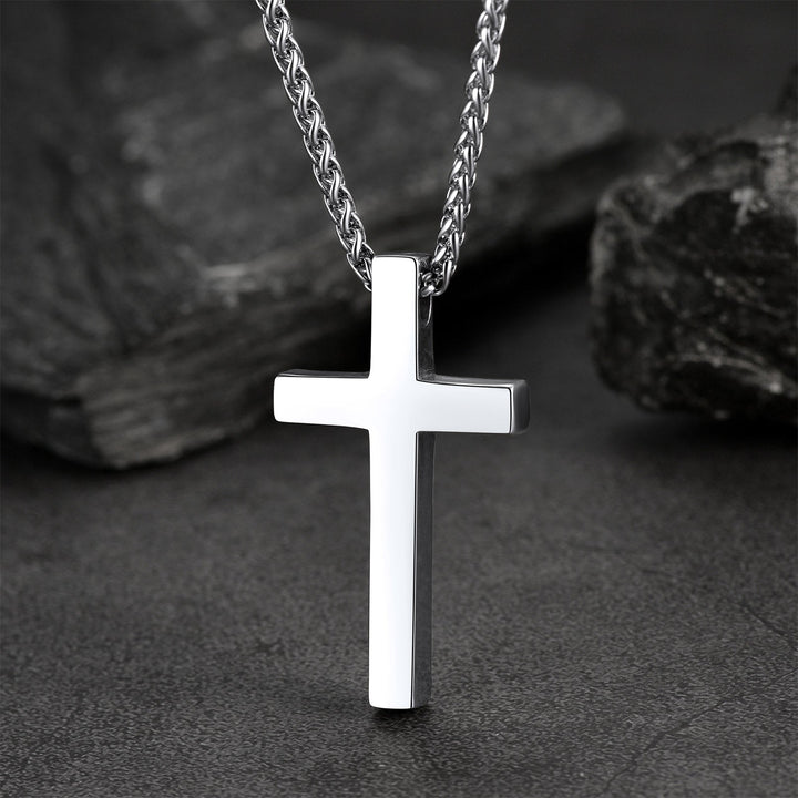 Flat Box Chain & Engraved Cross Layered Necklaces Set for Men