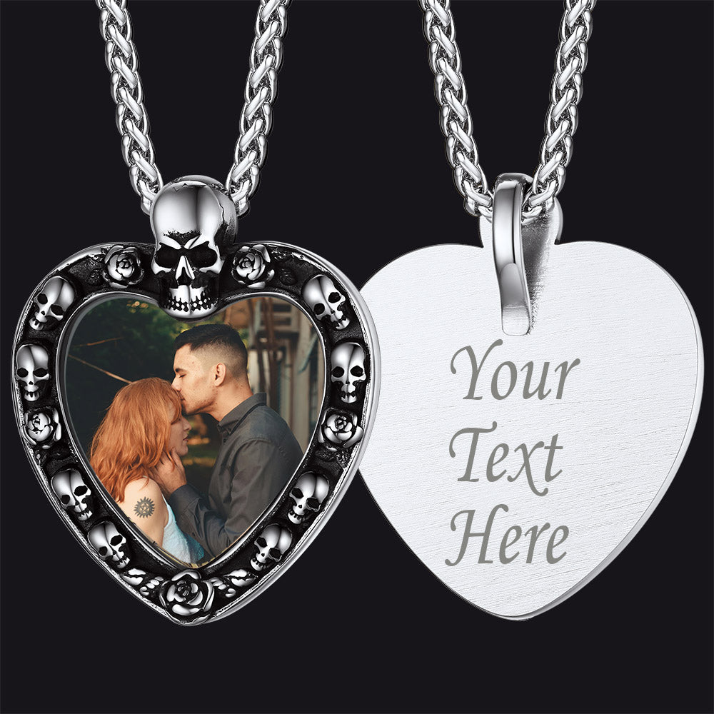 Customized Memorial Heart Photo Necklace with Skull for Men and Women