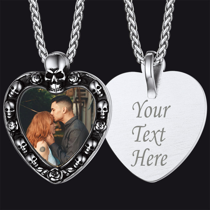 Customized Memorial Heart Photo Necklace with Skull for Men and Women