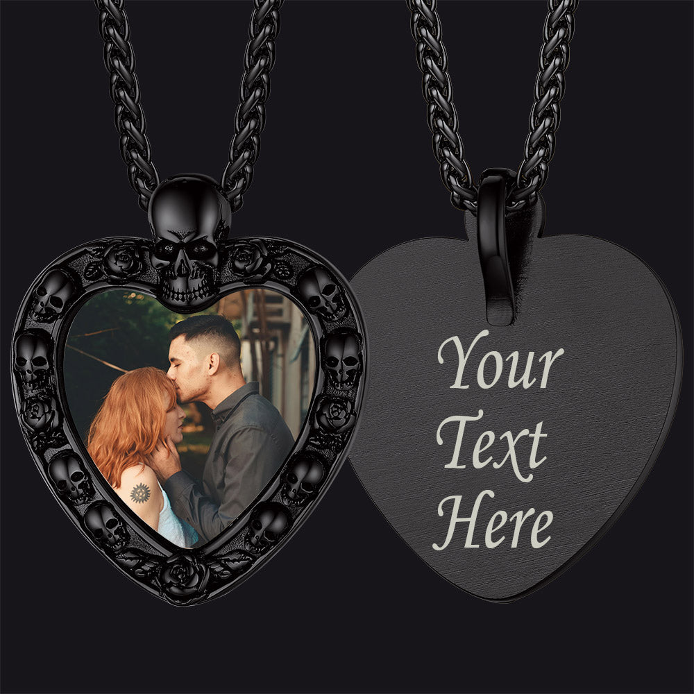 Customized Memorial Heart Photo Necklace with Skull for Men and Women
