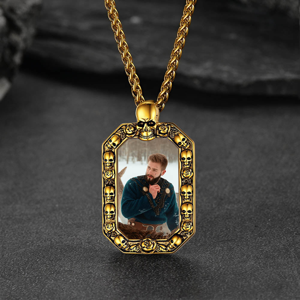 Customized Picture Dog Tag Necklace with Skull Memorial Gift