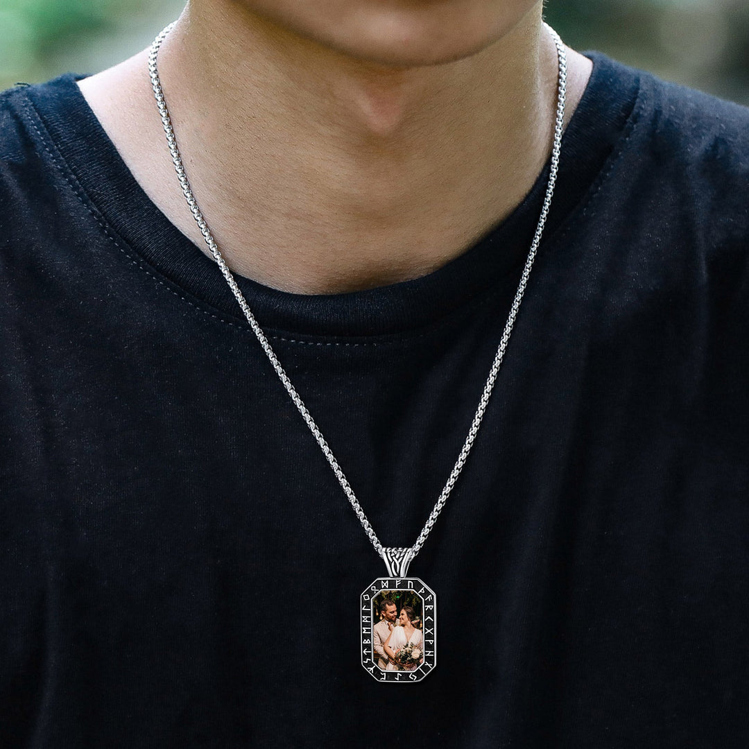 Engraved Customized Photo Dog Tag Necklace with Viking Runes for Men