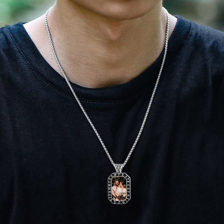 Engraved Customized Photo Dog Tag Necklace with Viking Runes for Men