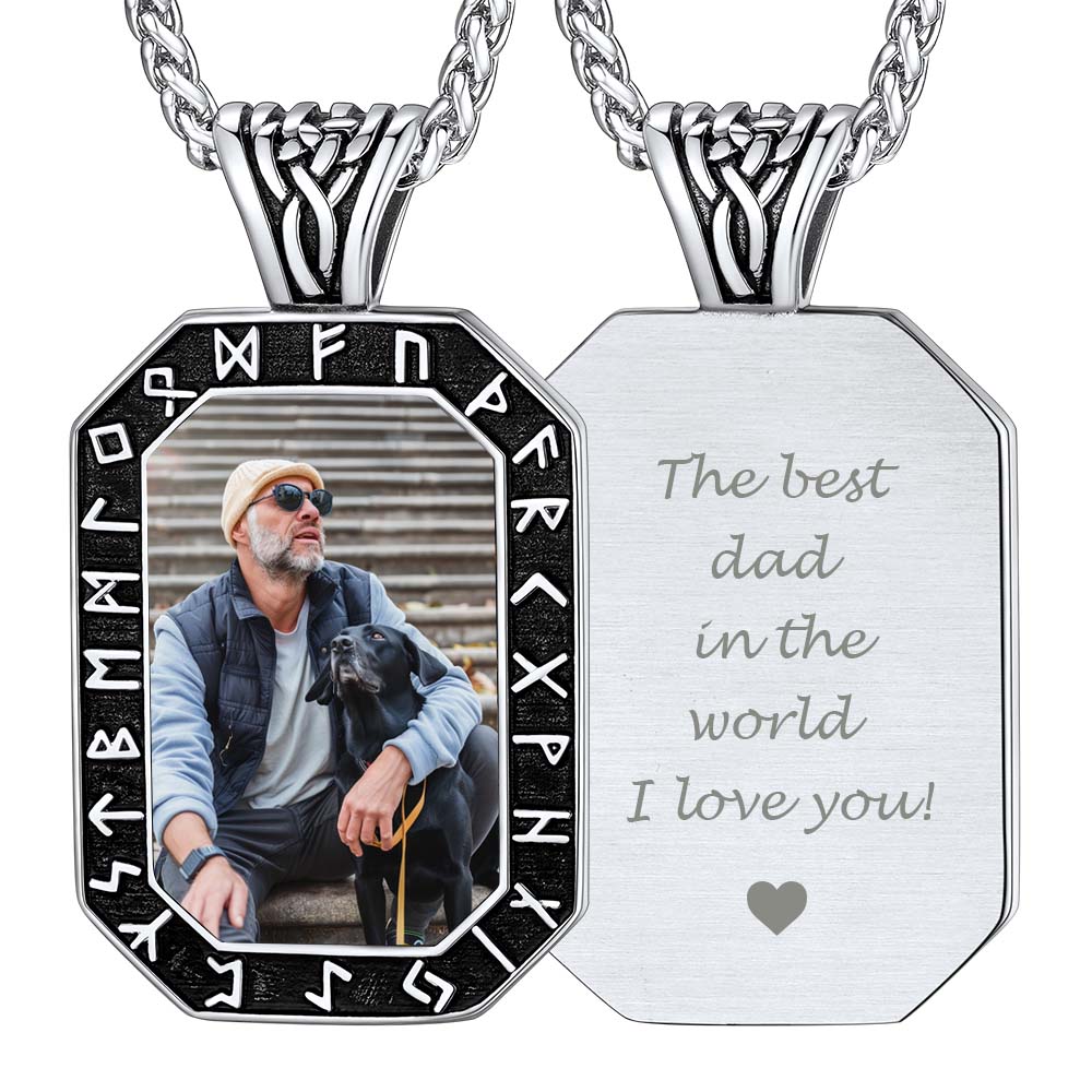 Engraved Customized Photo Dog Tag Necklace with Viking Runes for Men