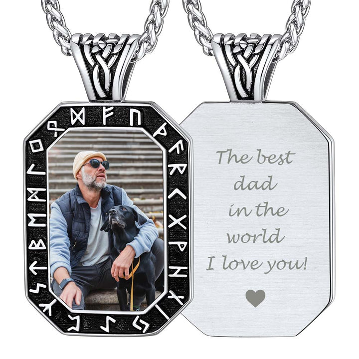 Engraved Customized Photo Dog Tag Necklace with Viking Runes for Men