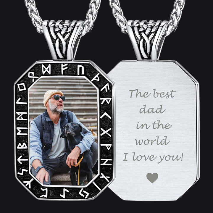 Engraved Customized Photo Dog Tag Necklace with Viking Runes for Men