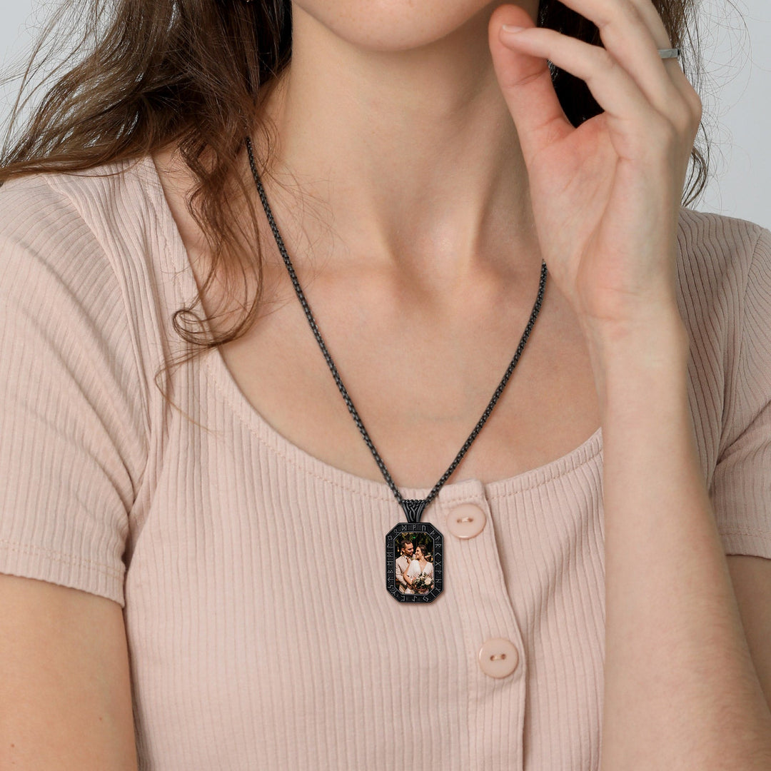 Engraved Customized Photo Dog Tag Necklace with Viking Runes for Men