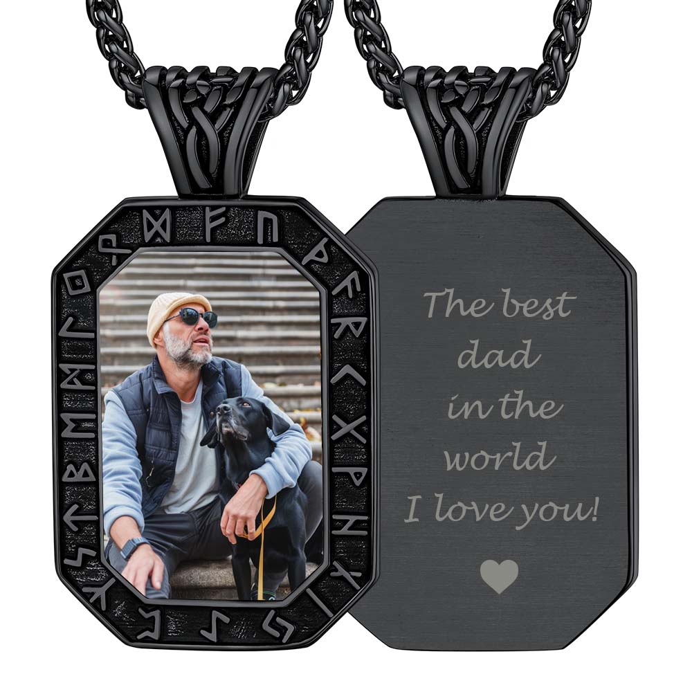 Engraved Customized Photo Dog Tag Necklace with Viking Runes for Men