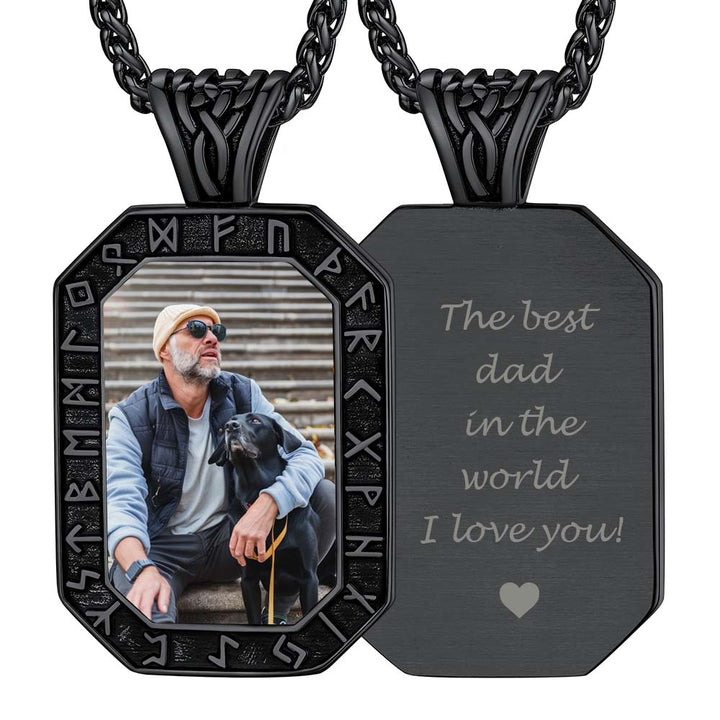 Engraved Customized Photo Dog Tag Necklace with Viking Runes for Men
