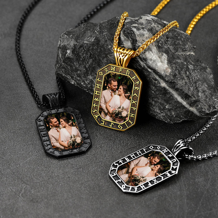 Engraved Customized Photo Dog Tag Necklace with Viking Runes for Men