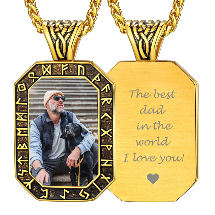 Engraved Customized Photo Dog Tag Necklace with Viking Runes for Men