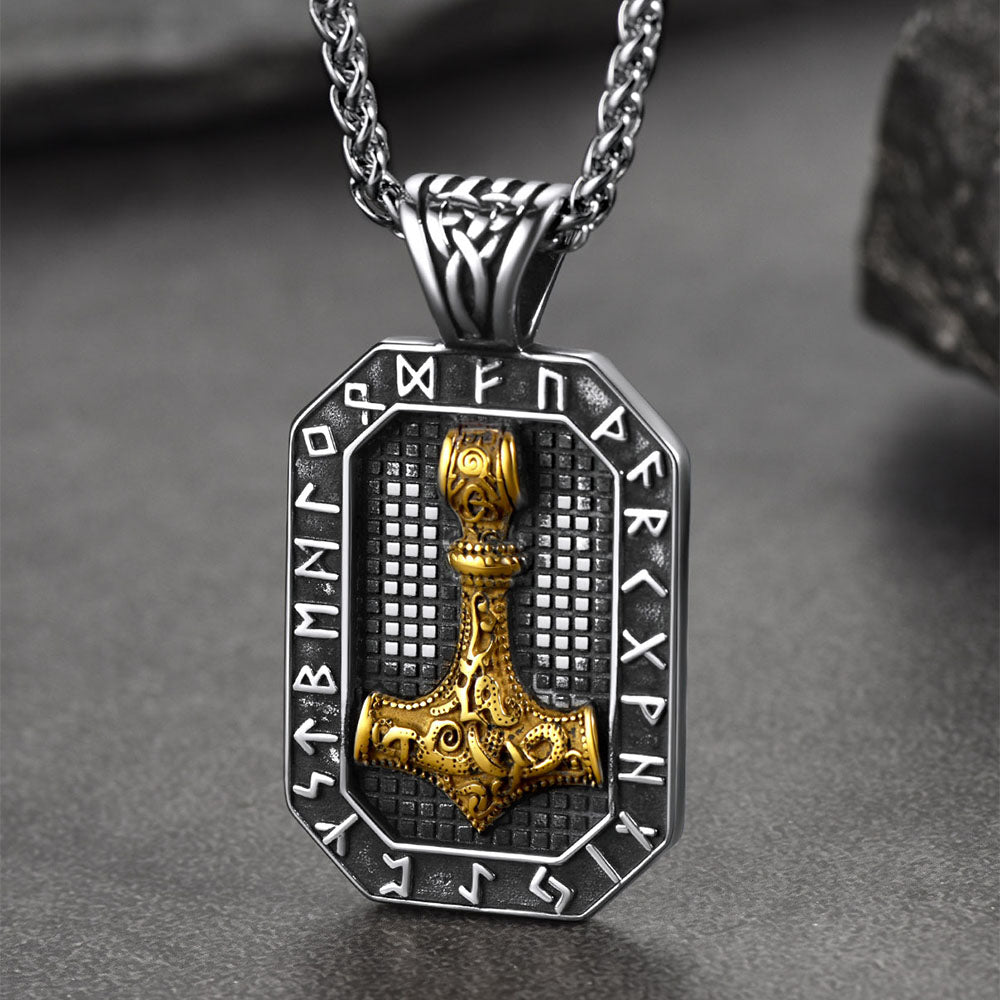 Engraved Thor's Hammer Dog Tag Necklace with Viking Runes for Men
