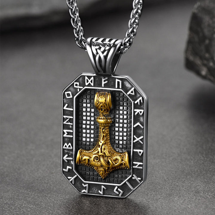 Engraved Thor's Hammer Dog Tag Necklace with Viking Runes for Men