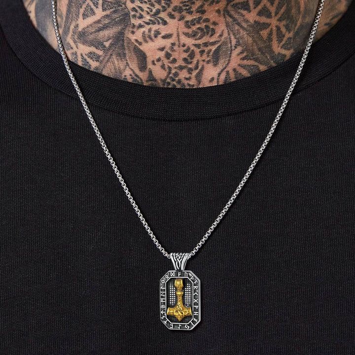 Engraved Thor's Hammer Dog Tag Necklace with Viking Runes for Men