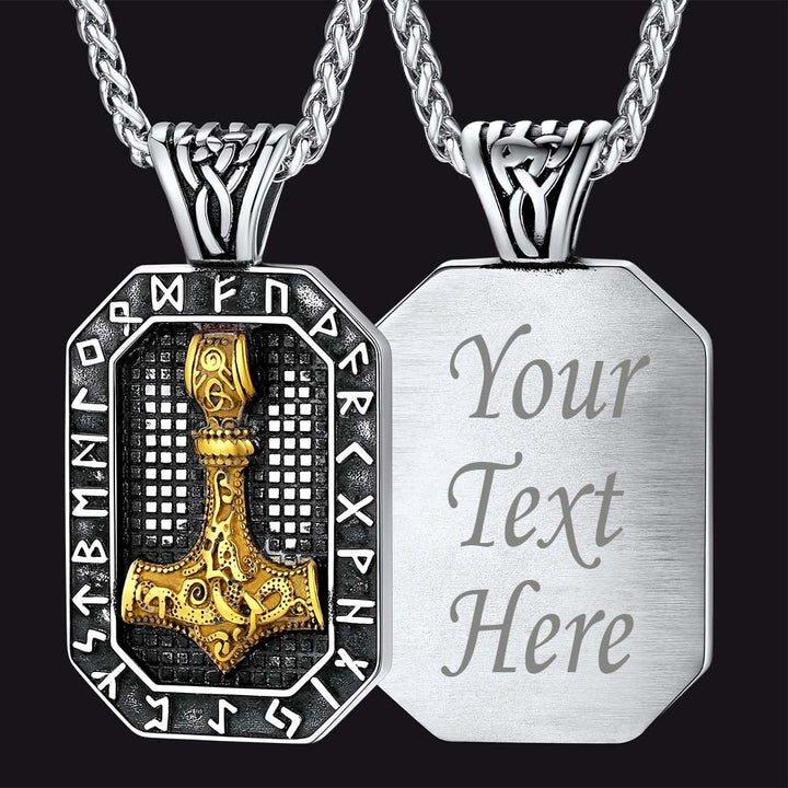 Engraved Thor's Hammer Dog Tag Necklace with Viking Runes for Men