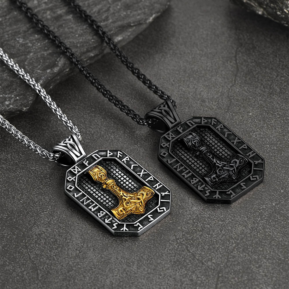 Engraved Thor's Hammer Dog Tag Necklace with Viking Runes for Men