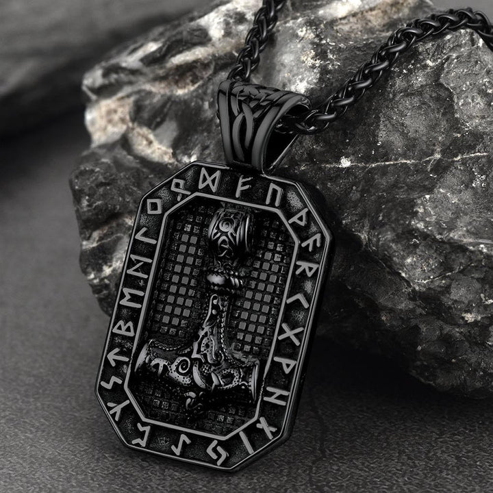 Engraved Thor's Hammer Dog Tag Necklace with Viking Runes for Men