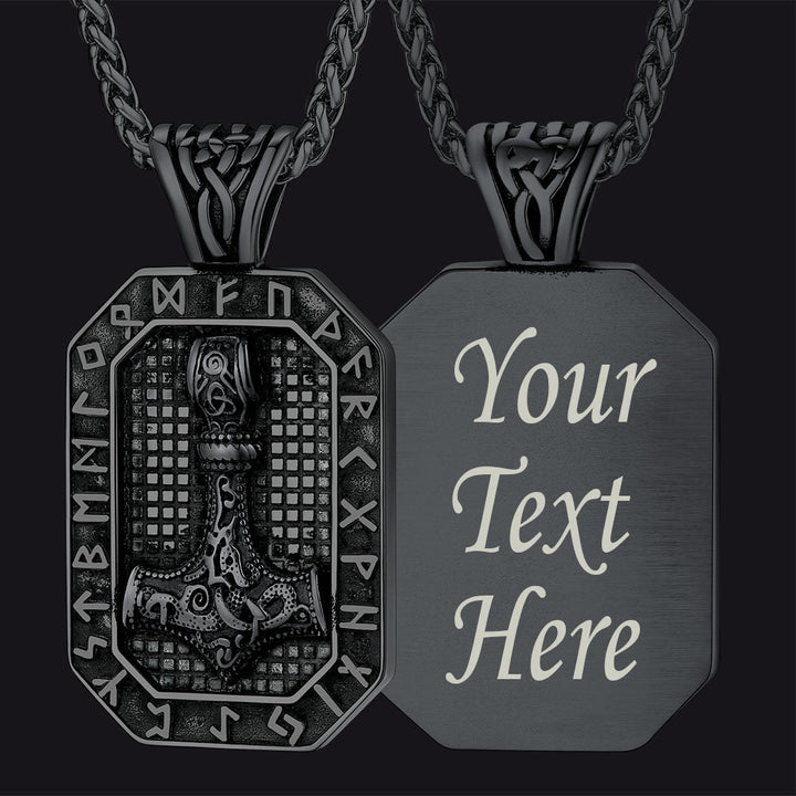 Engraved Thor's Hammer Dog Tag Necklace with Viking Runes for Men