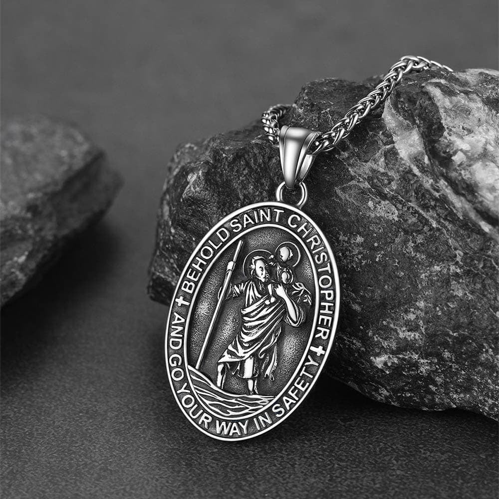 Catholic Engraved Saint Christopher Medal Necklace for Men