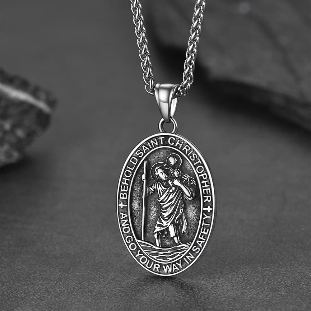 Catholic Engraved Saint Christopher Medal Necklace for Men