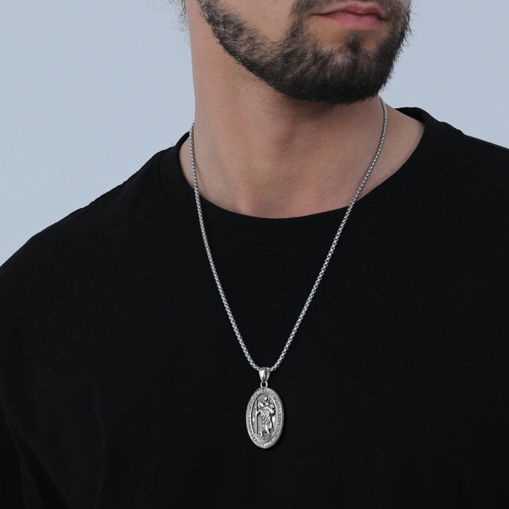 Catholic Engraved Saint Christopher Medal Necklace for Men
