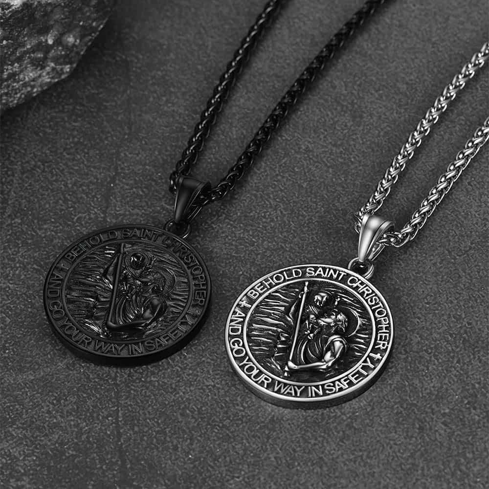 Engraved Saint Christopher Medal Pendant Necklace for Men