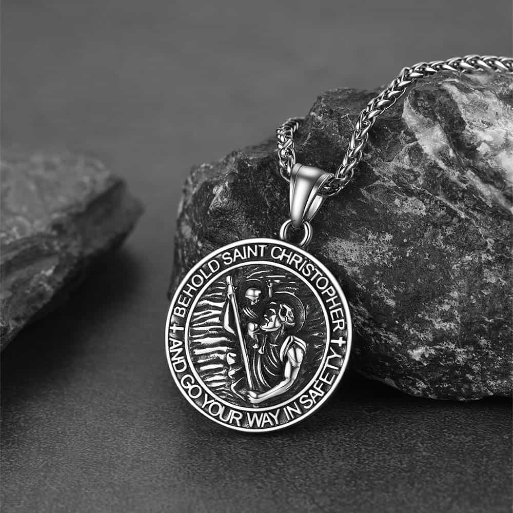Engraved Saint Christopher Medal Pendant Necklace for Men