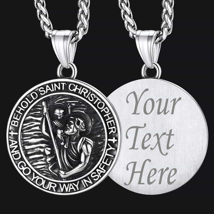 Engraved Saint Christopher Medal Pendant Necklace for Men