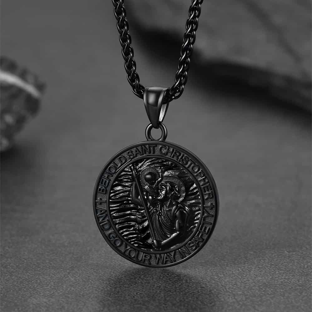 Engraved Saint Christopher Medal Pendant Necklace for Men