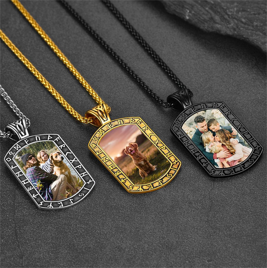 Personalized Picture Dog Tag Necklace with Viking Runes for Men