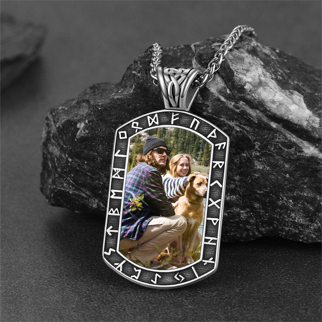 Personalized Picture Dog Tag Necklace with Viking Runes for Men
