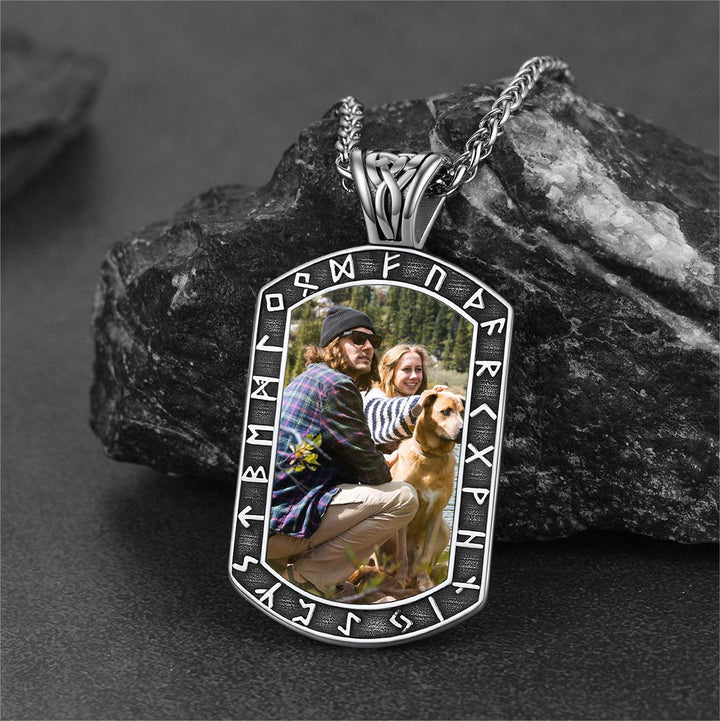 Personalized Picture Dog Tag Necklace with Viking Runes for Men