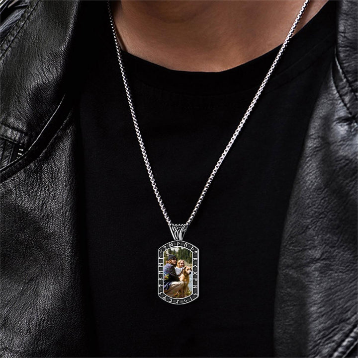 Personalized Picture Dog Tag Necklace with Viking Runes for Men