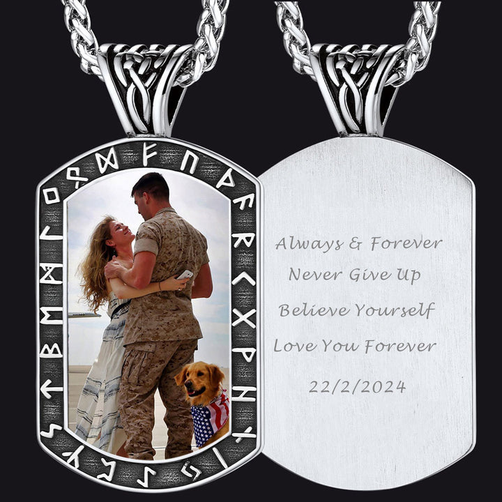Personalized Picture Dog Tag Necklace with Viking Runes for Men