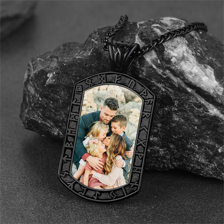 Personalized Picture Dog Tag Necklace with Viking Runes for Men
